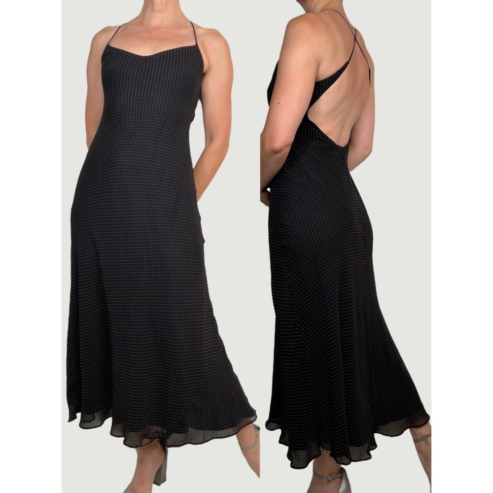 Lauren Ralph Lauren Silk Polka Dot Open Back Slip Dress Vintage Y2K Black Small